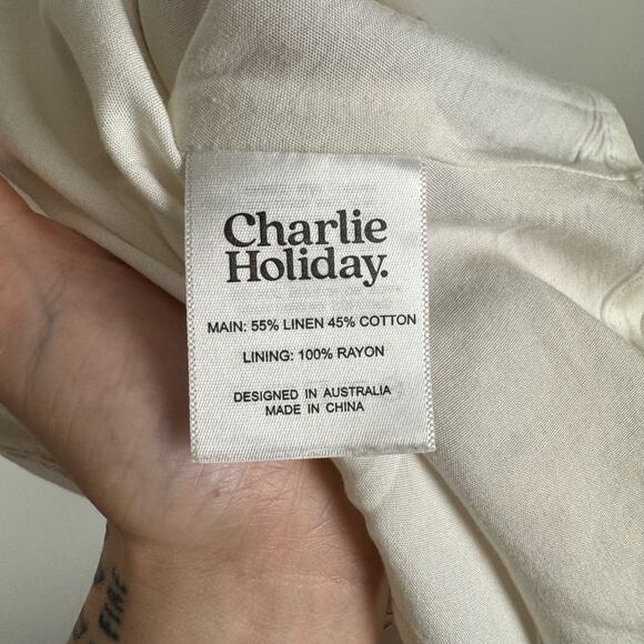 Charlie Holiday Linen Cotton Puff Sleeve Lottie Mini Dress Size 6 Square Neck - Picture 7 of 12